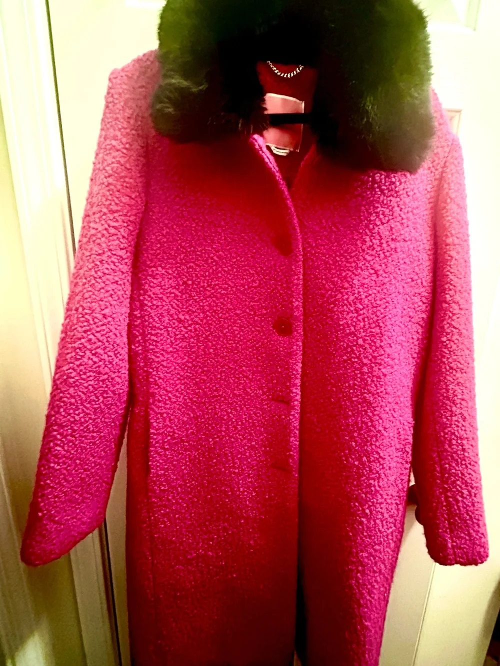 kate spade Hot Pink Pea Coat with Black Faux Fur Collar